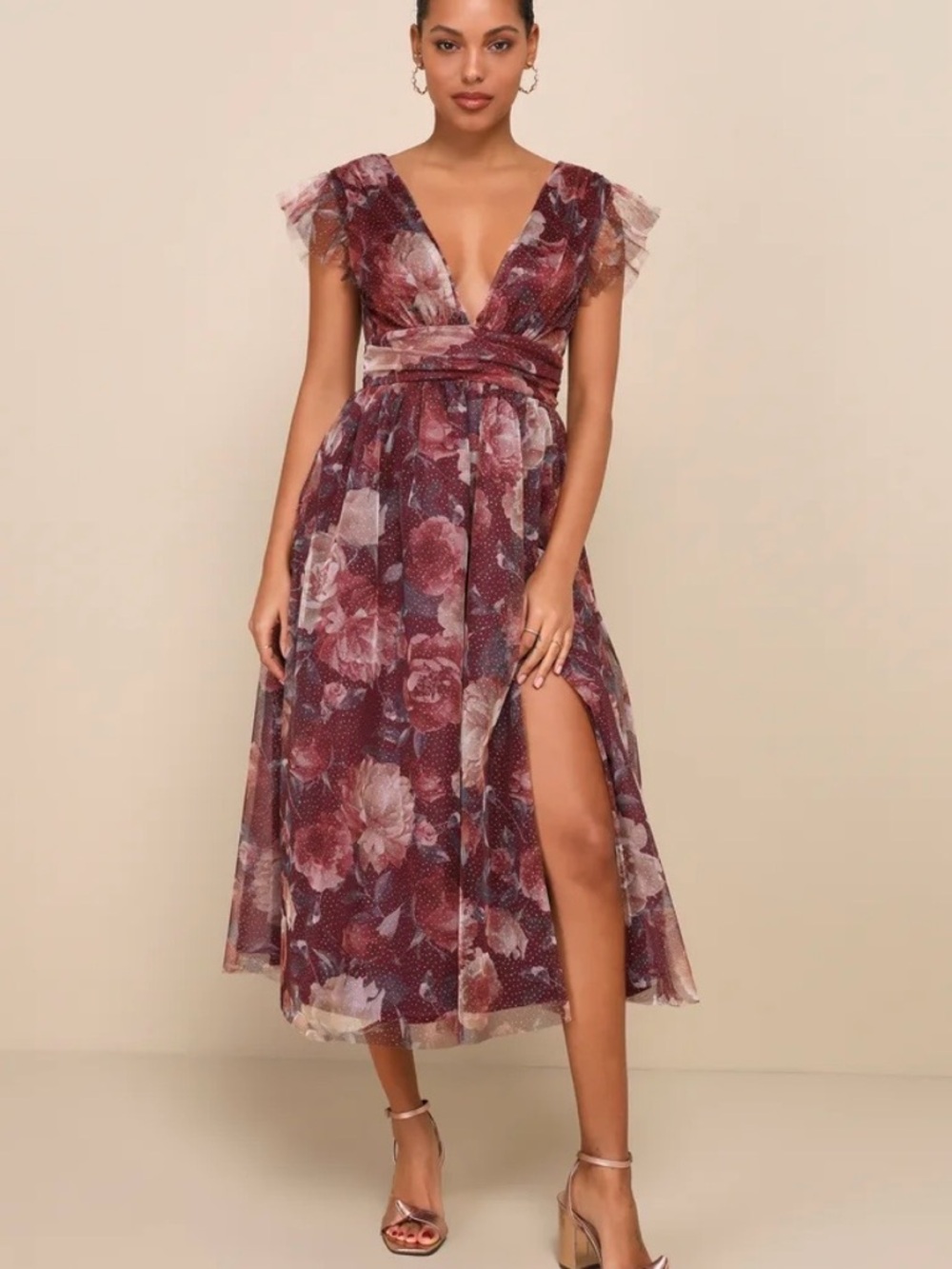 Lulu's Burgundy Floral Midi Dress